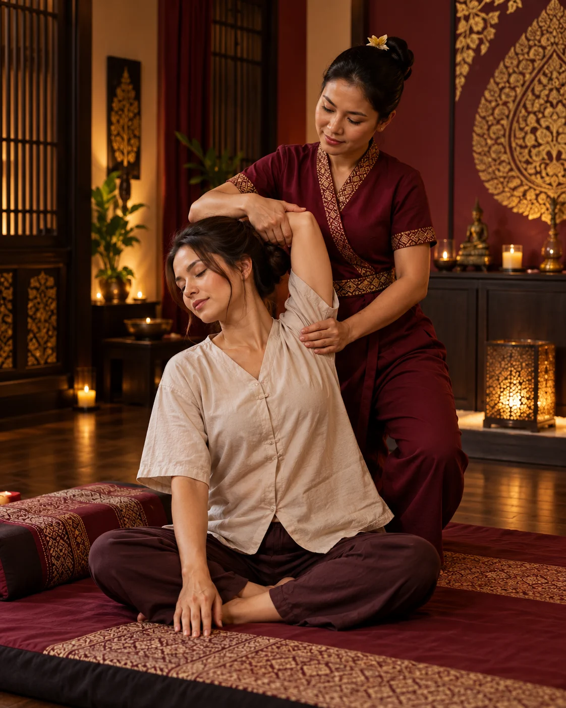 A professional Thai massage therapist guiding a seated client through a gentle shoulder stretch