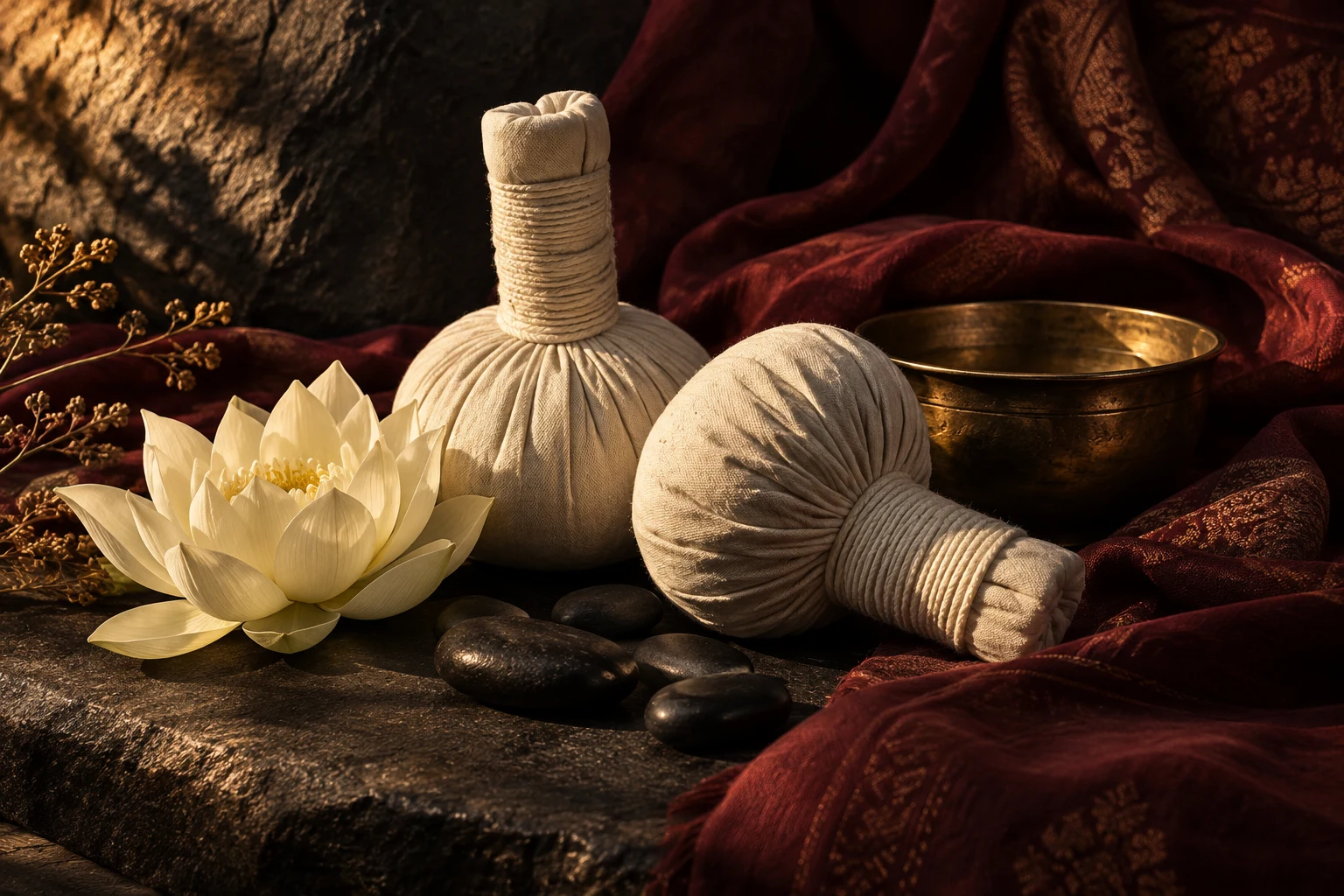 Warm Thai spa ritual with herbal compress and candles