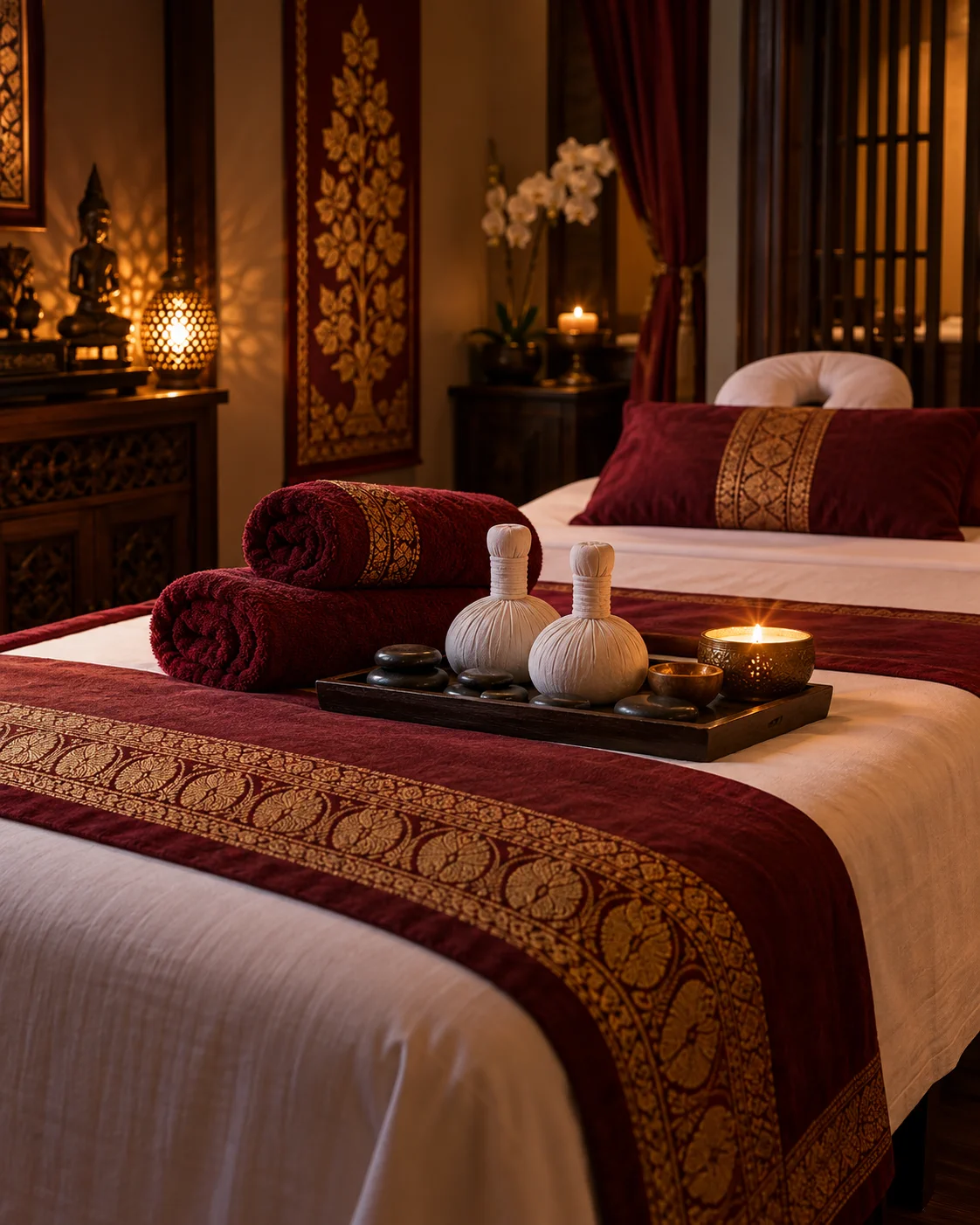 Calm Thai-inspired massage treatment room
